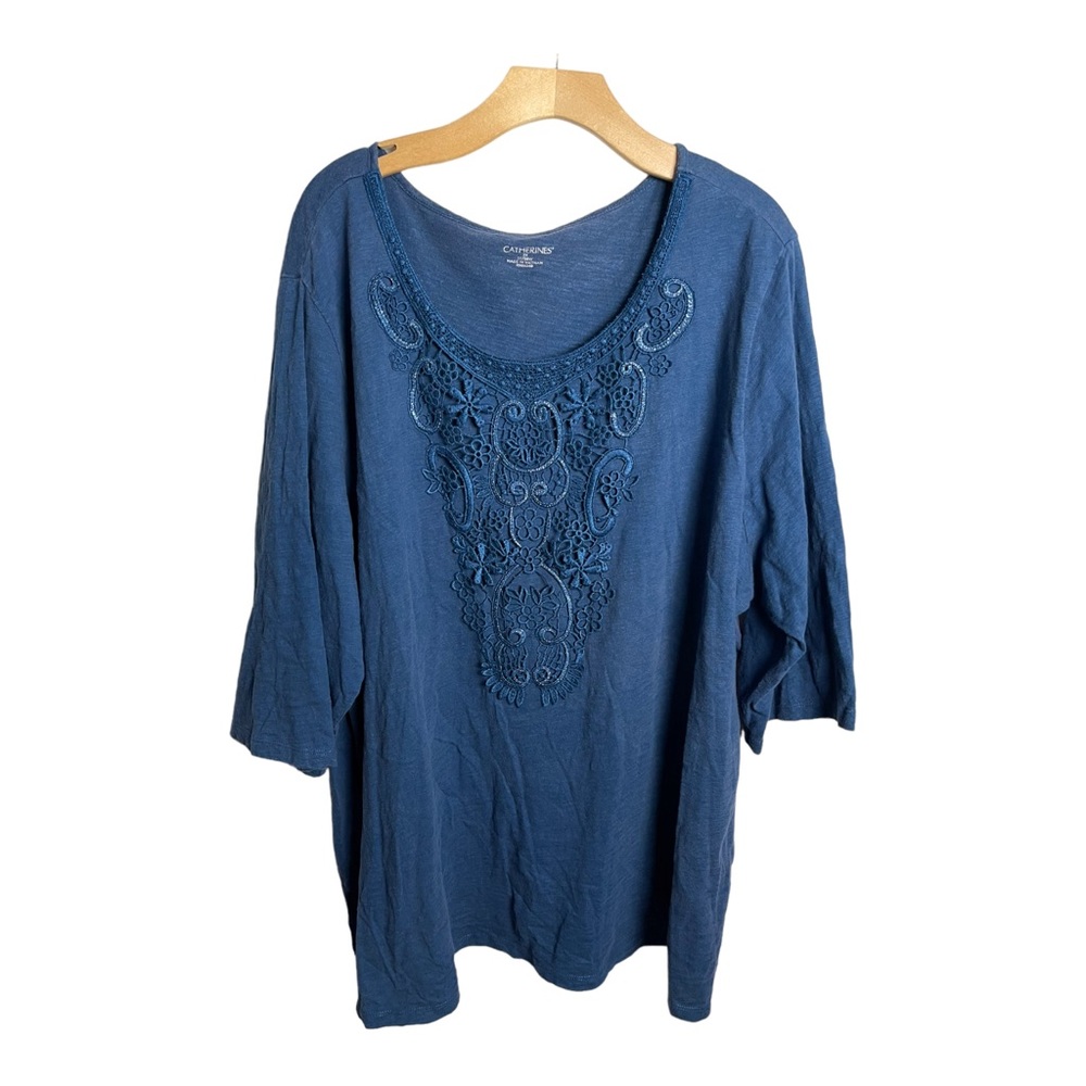 Cathines Womens Plus Deep Blue Lace Trimmed Embroidered Blouse Size 3XL